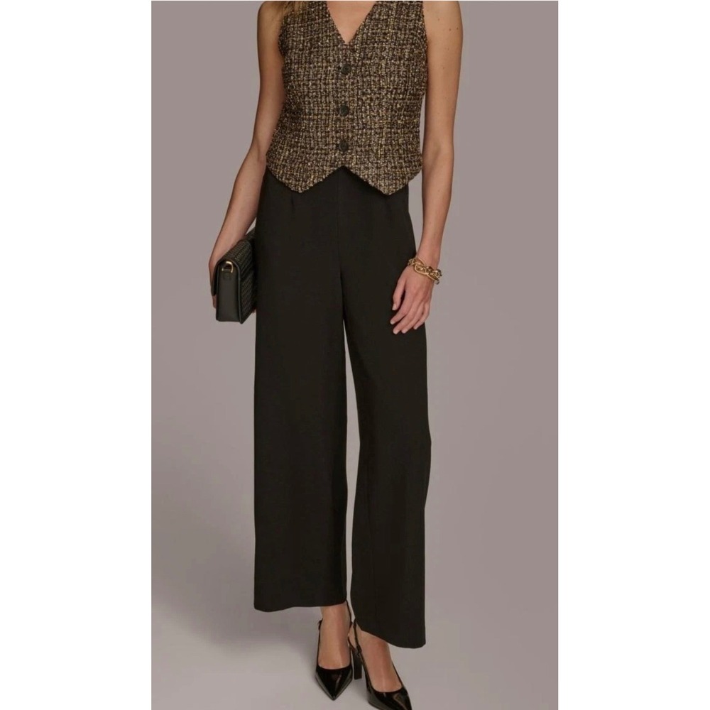 Donna Karan Jumpsuit 6 Brown Tweed Vest Wide Leg Academia Office Siren Luxury